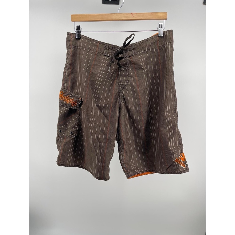 Quiksilver Y2K Board Shorts Mens L Surf Swim Brown Striped Beach Summer